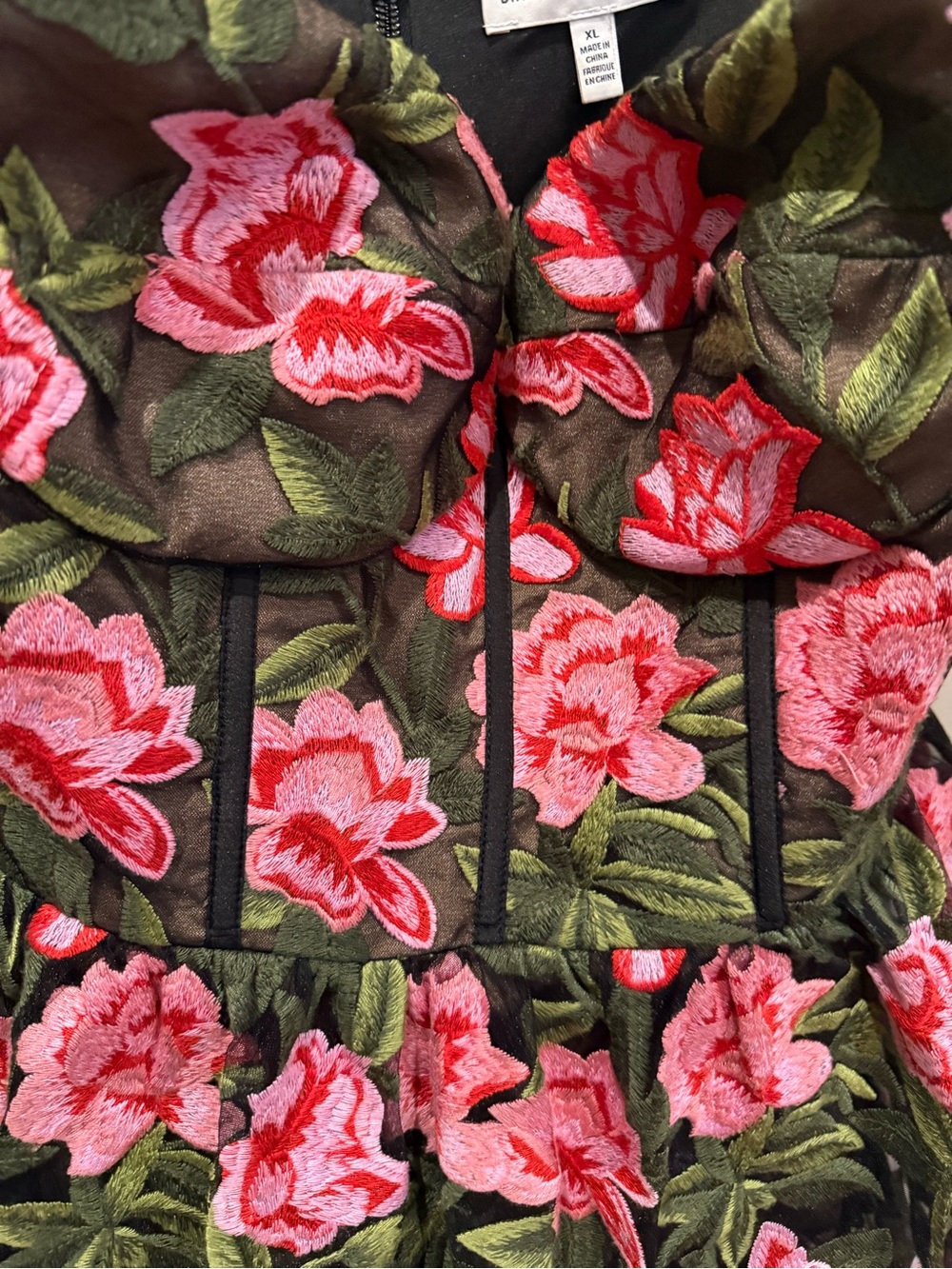 Dress the Population Strapless Floral Tiered Midi Dress in Green and Pink - Picture 4 of 7